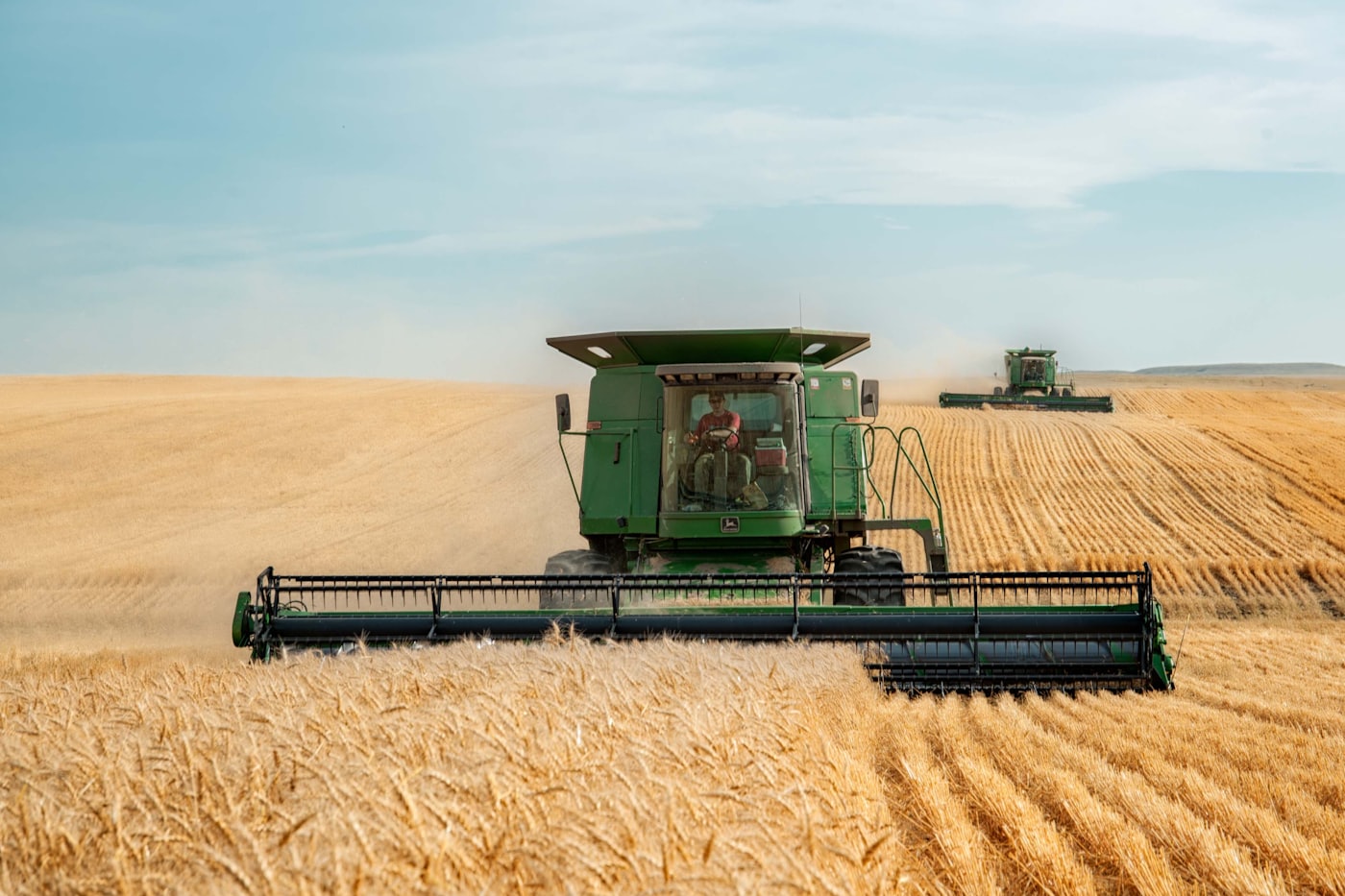 Two combine harvesters working across a wheat field.