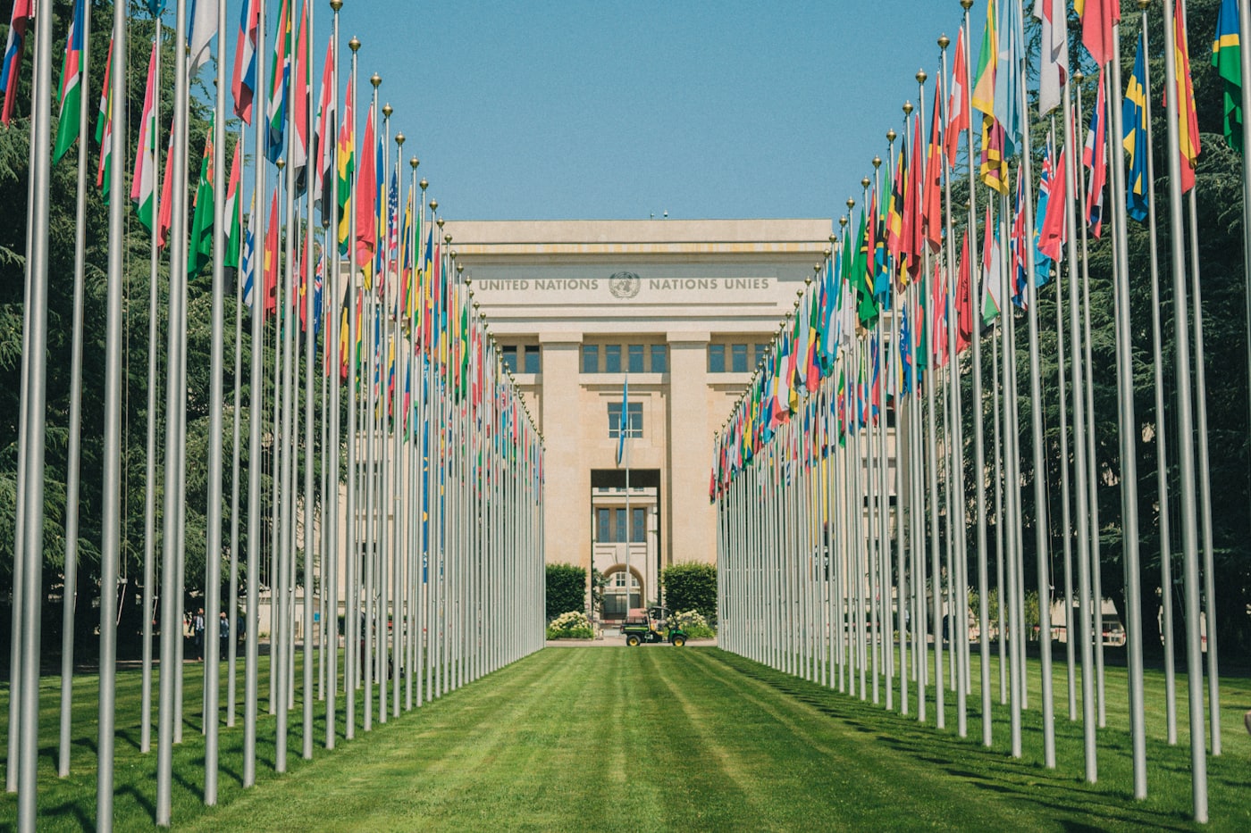 A long row of national flags outside an institutional building.