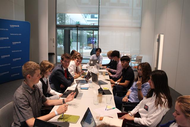 Delegates working along the committee table.